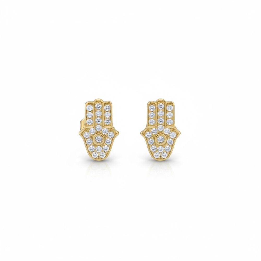 new Pave Cubic Zirconia Hamsa Stud Earrings ❃ 14KT Gold Plated Sterling Silver - Picture 13 of 16